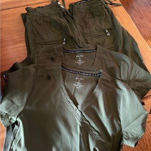 Koi Lite olive green scrubs, 2 sets, like new, small top, petite small pants